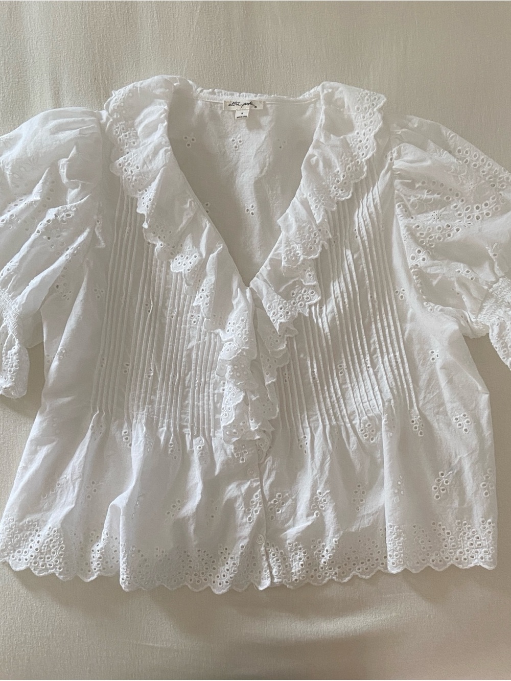 Ultra Pink White Eyelet Ruffle V-Neck Blouse